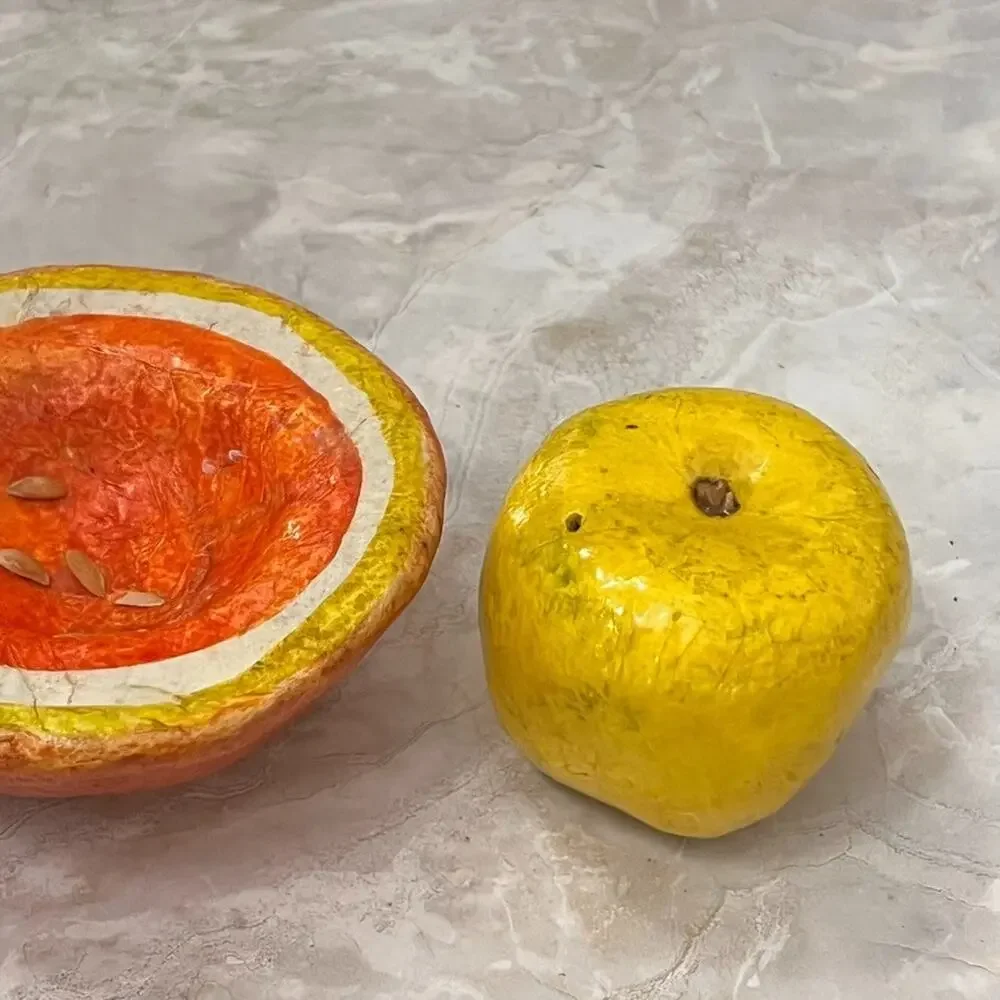 Paper-mache Yellow Apple & Grapefruit Vintage Display Decor Pair Of 2